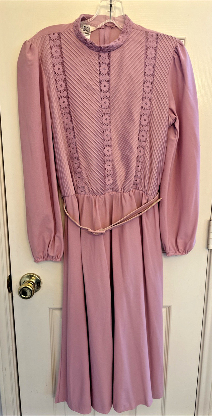 Vintage Sears Womens Carnation Pink Belted Lace Dress Size 10